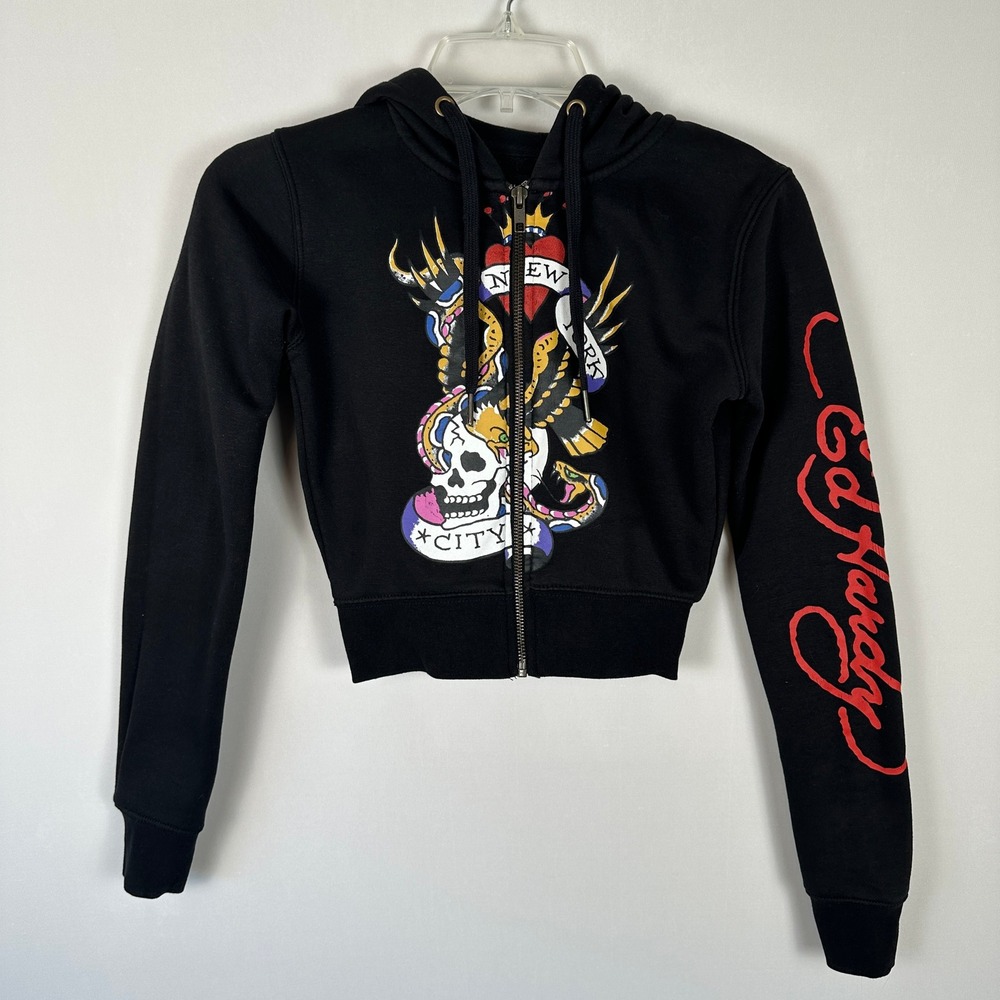 Ed Hardy Skull Snake Graphic Zip Up Hoodie Kids XS Black Streetwear Classic